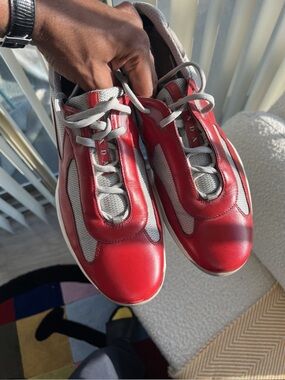 Prada Red and Gray Low-Top Leather Mesh Sneakers